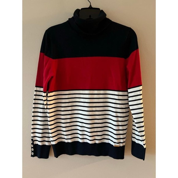 Tommy Hilfiger Red, White and Navy Breton Turtleneck Sweater Medium - Picture 1 of 6